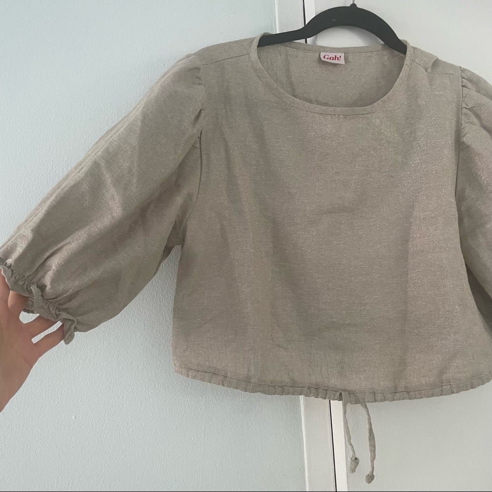 Lisa Says Gah Gold Puff Sleeve Linen Top - Picture 9 of 11